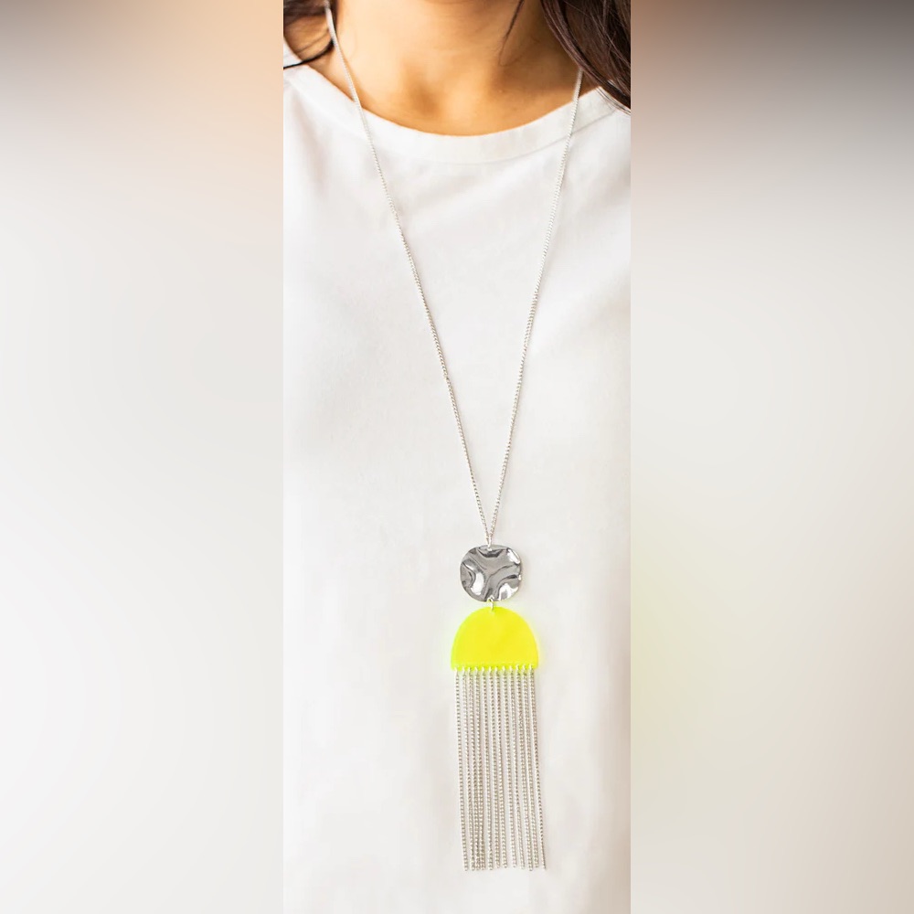 Silver And Neon Yellow Pendant Necklace With Tassel Earrings